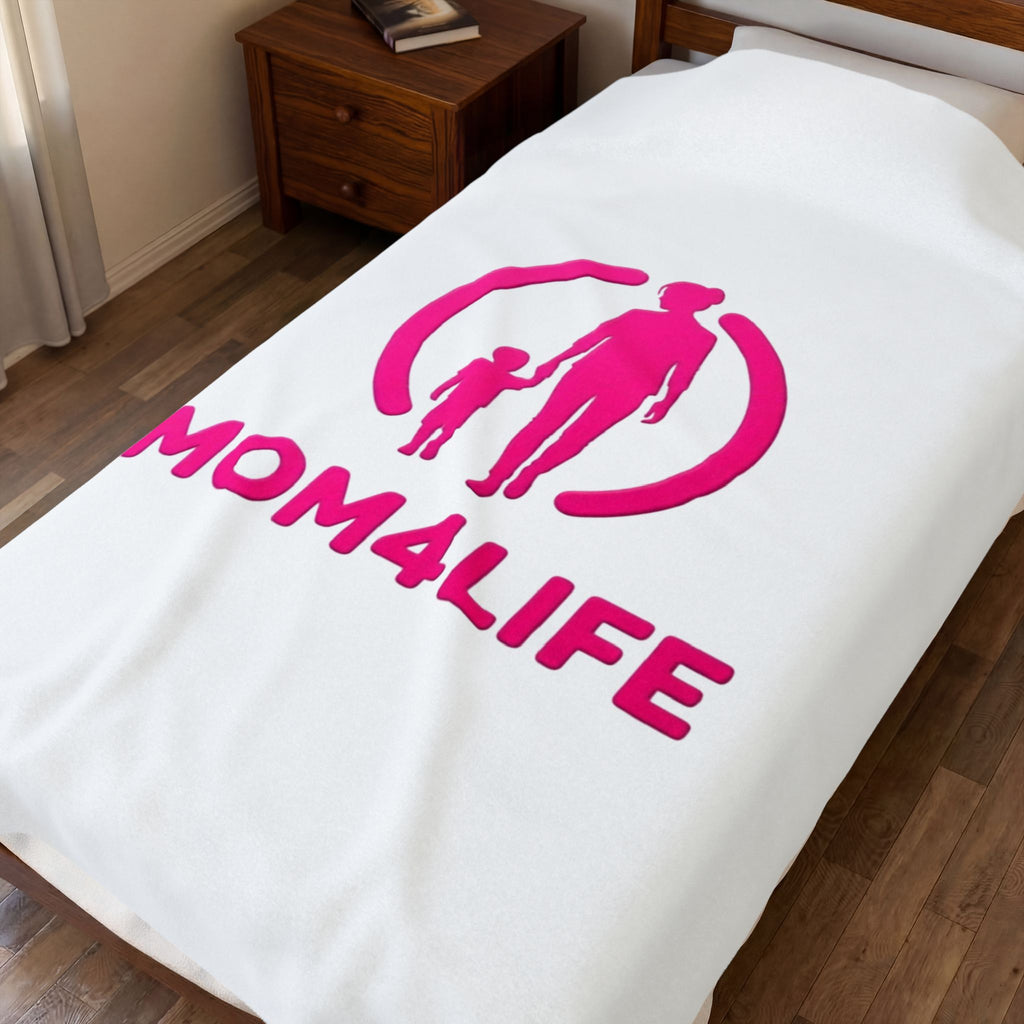 Mom4Life Velveteen Plush Blanket — Soft Mother's Day Throw with Pink Mom and Child Design