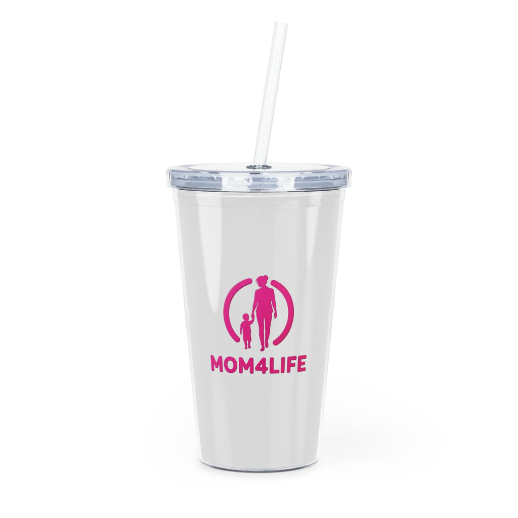 Gobelet en plastique Mom4Life avec paille – Tasse de voyage rose Maman et enfant