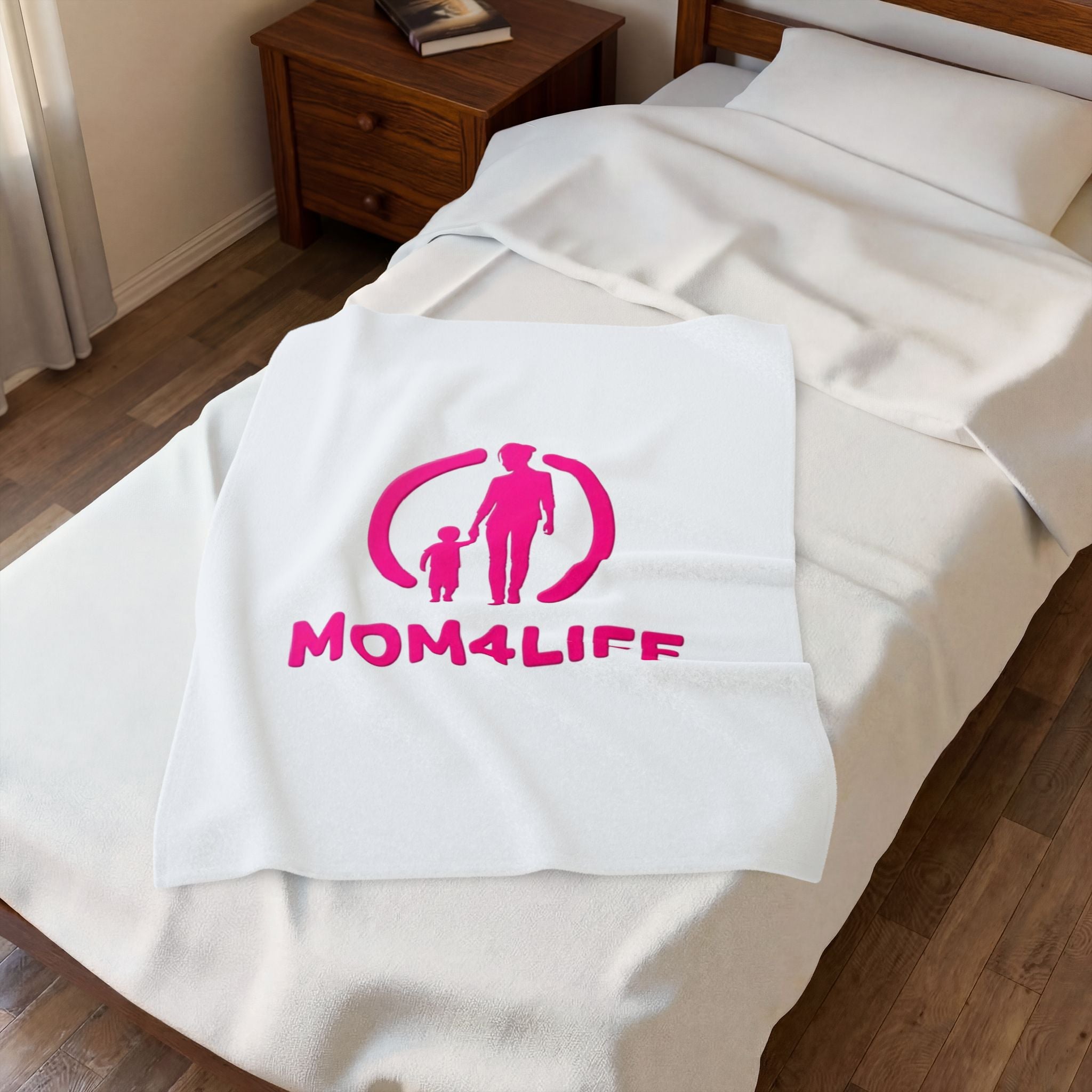Mom4Life Velveteen Plush Blanket — Soft Mother's Day Throw with Pink Mom and Child Design