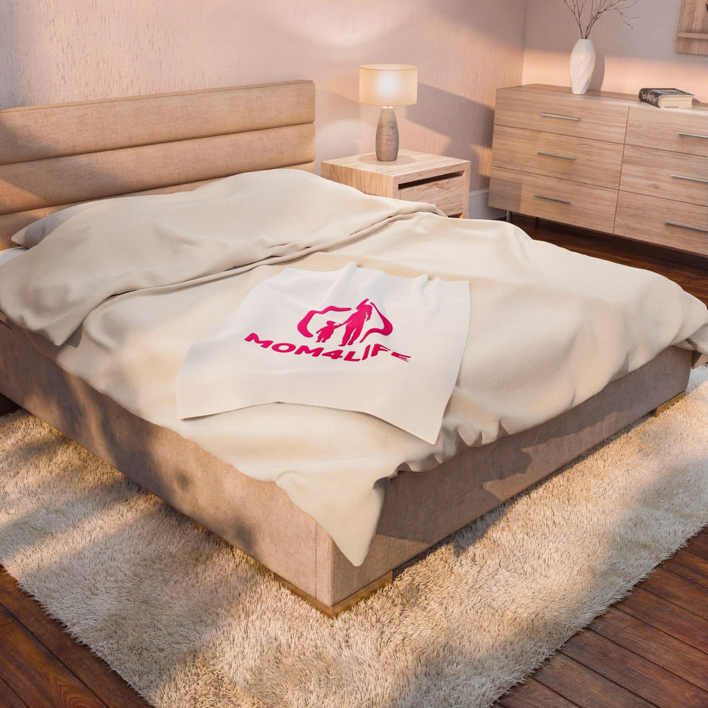 Mom4Life Velveteen Plush Blanket — Soft Mother's Day Throw with Pink Mom and Child Design