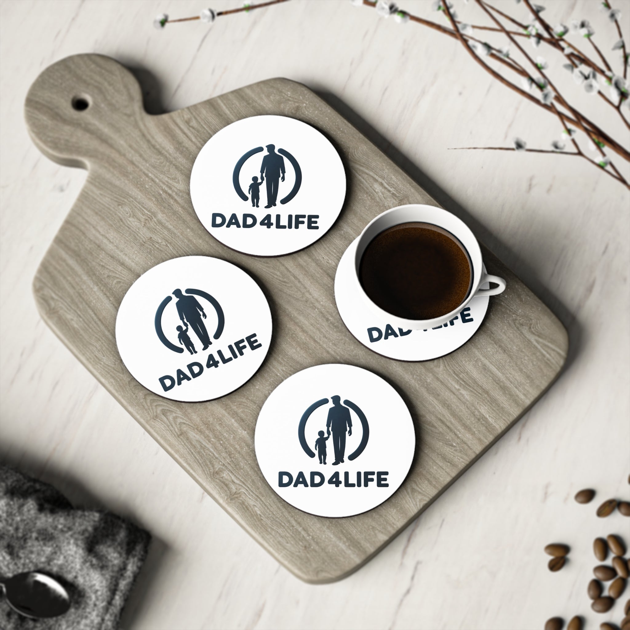 Dad4Life Coasters — Father's Day Cork Drink Coasters, Dad & Child Silhouette