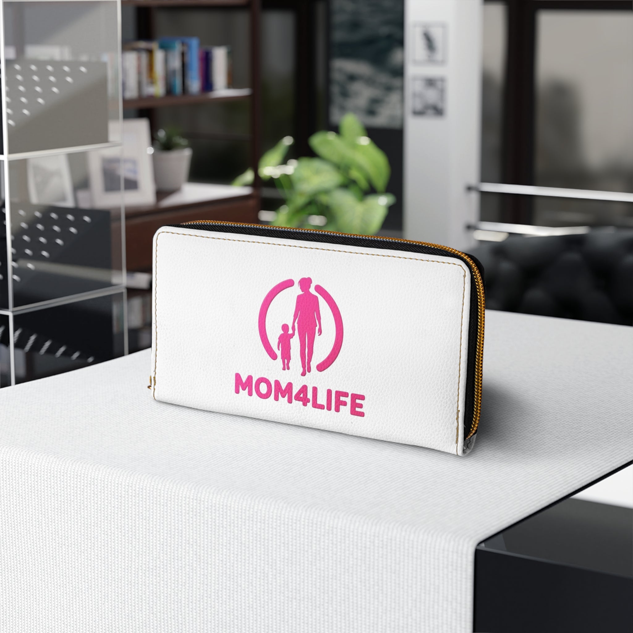 Mom4Life Zipper Wallet — Pink Mom and Child Graphic Zip-Around Wallet