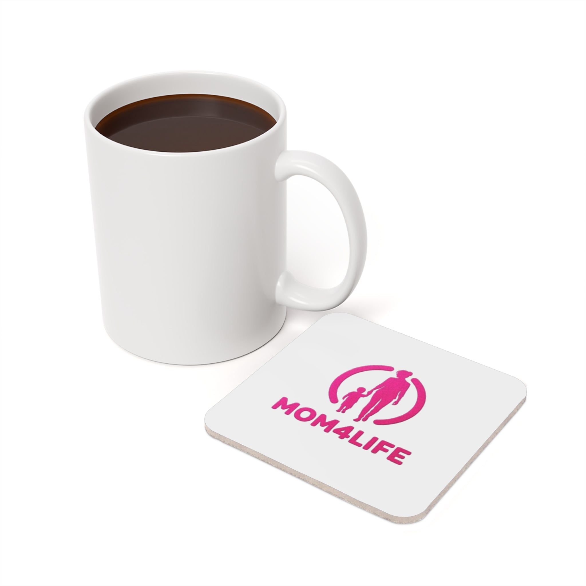Mom4Life Cork Back Coaster — Pink Mom and Child Silhouette Drink Coaster