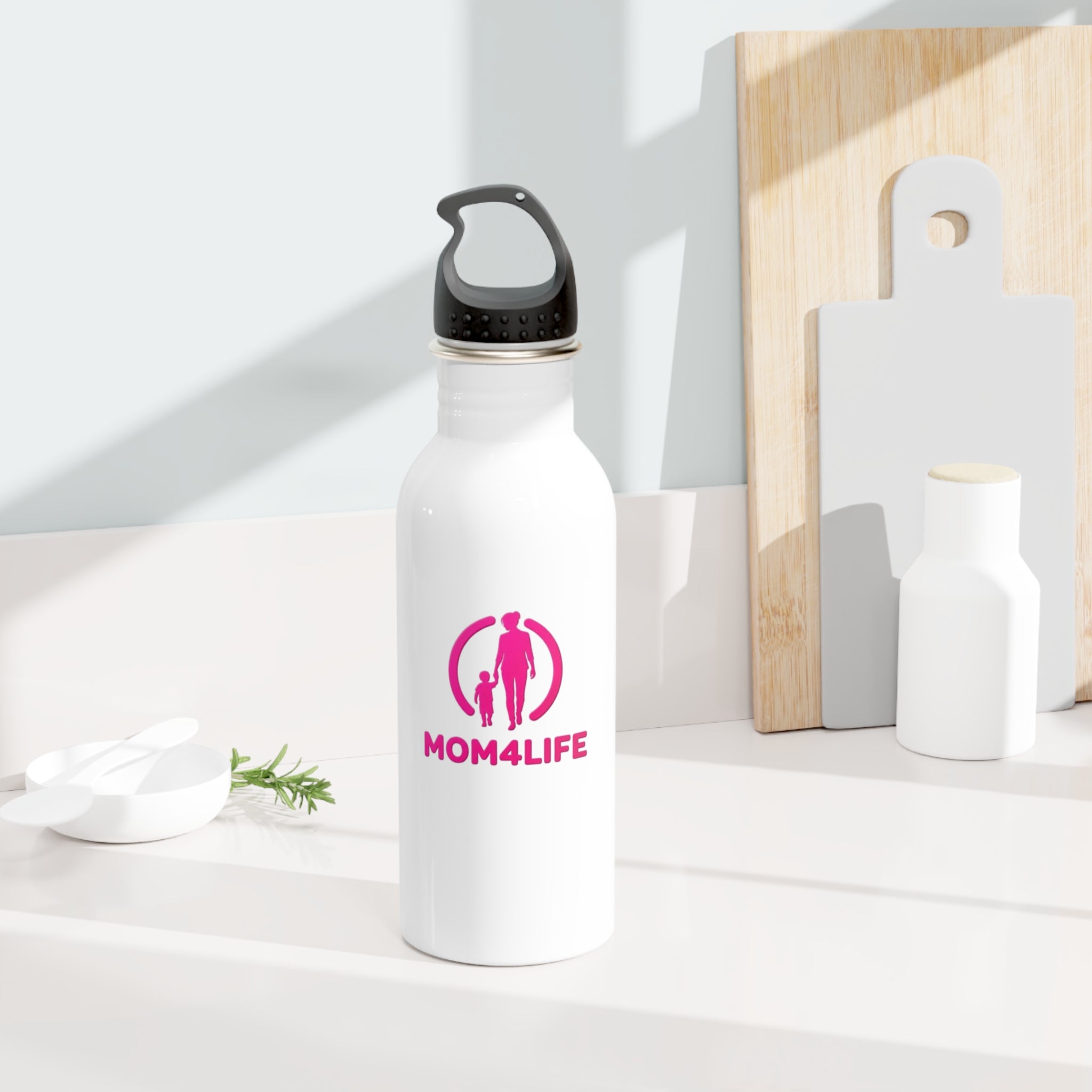 Mom4Life Stainless Steel Water Bottle – Pink Mom & Child Logo, Mother's Day Gift