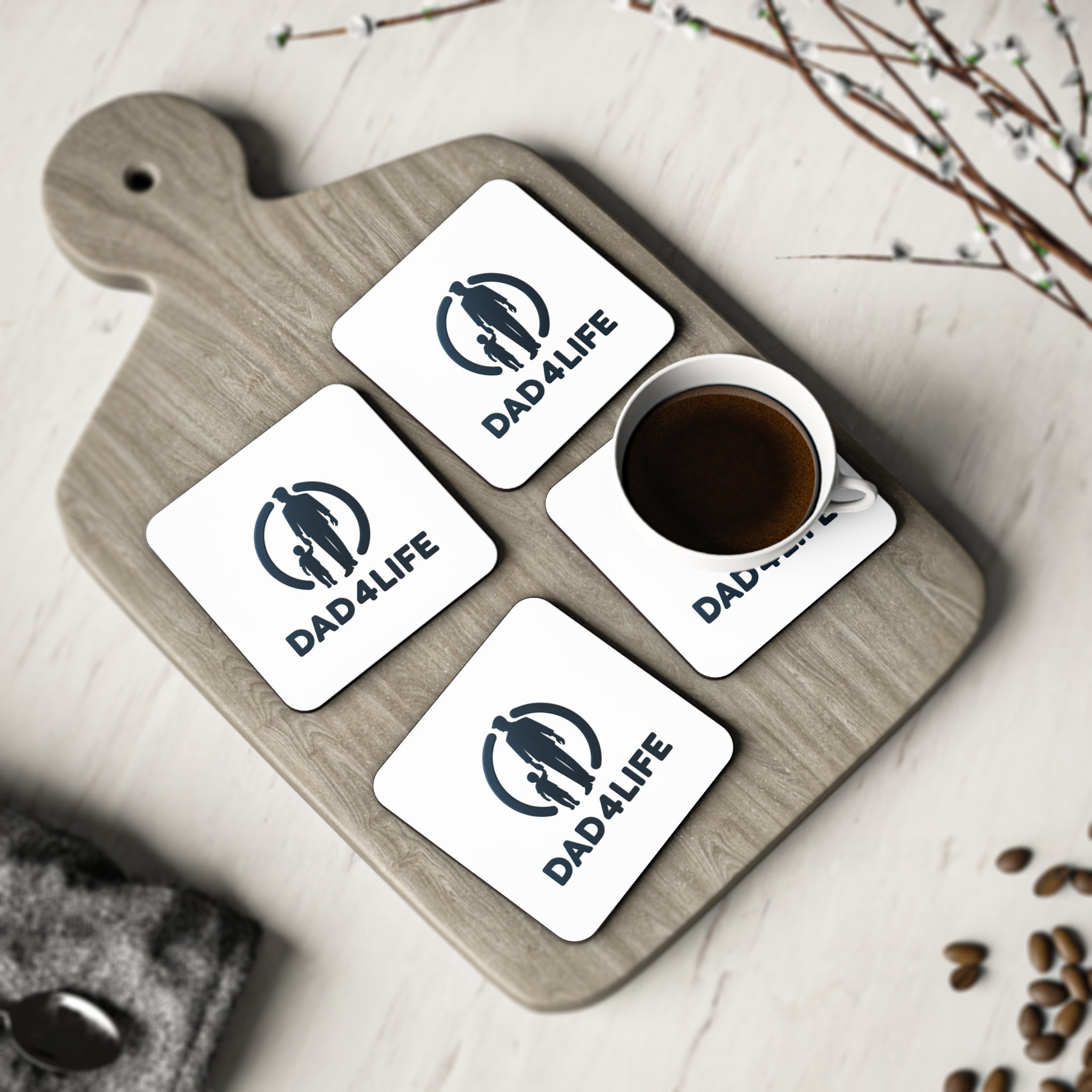 Dad4Life Coasters — Father's Day Cork Drink Coasters, Dad & Child Silhouette