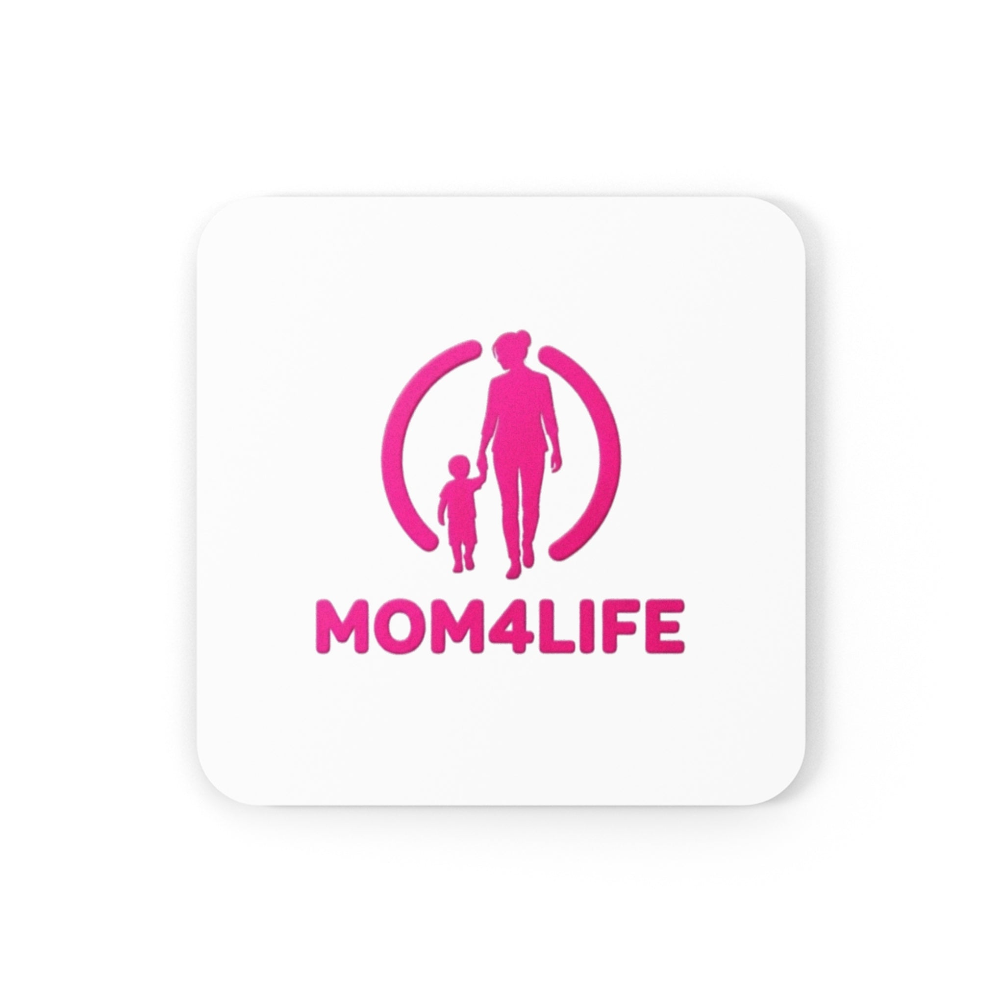 Mom4Life Cork Back Coaster — Pink Mom and Child Silhouette Drink Coaster