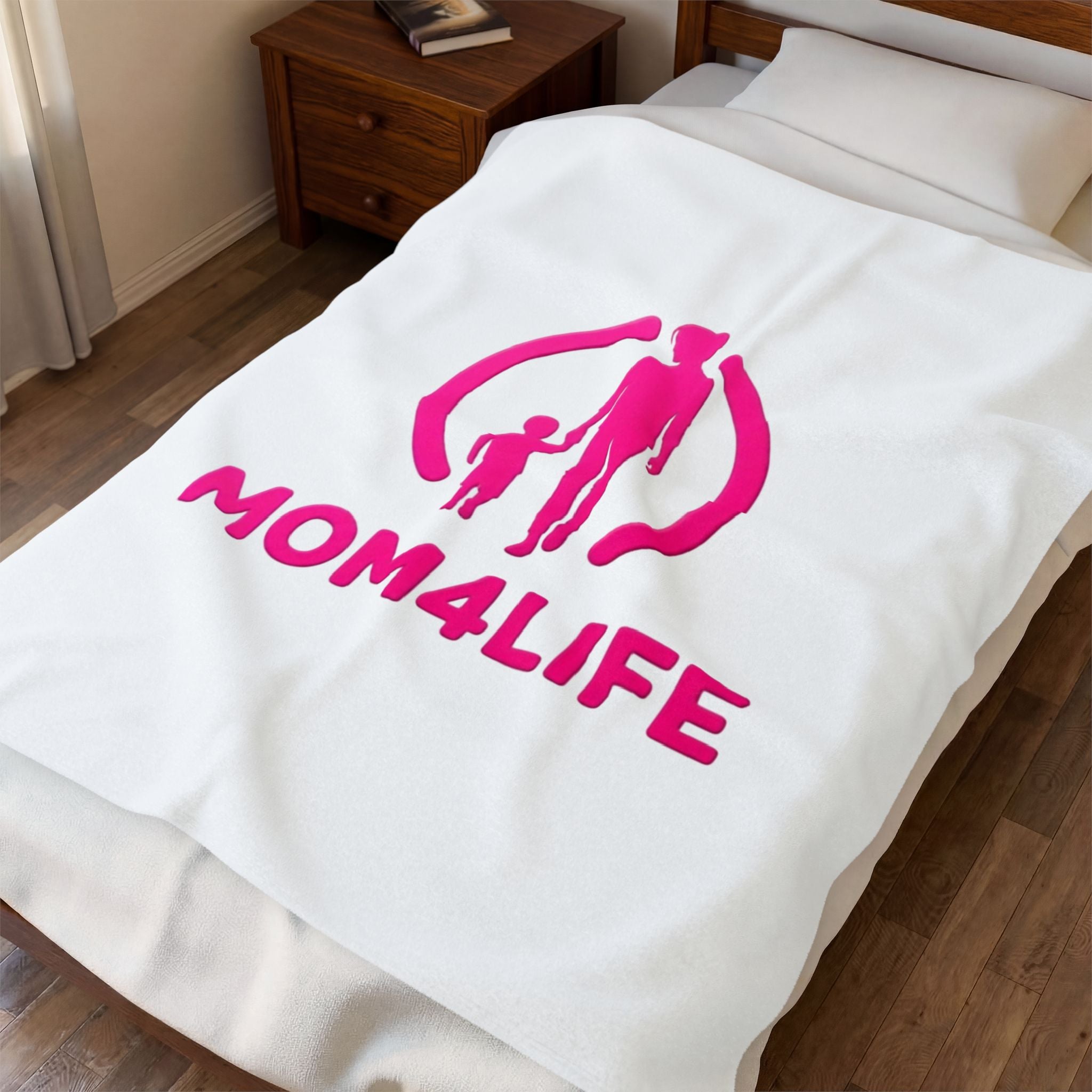 Mom4Life Velveteen Plush Blanket — Soft Mother's Day Throw with Pink Mom and Child Design